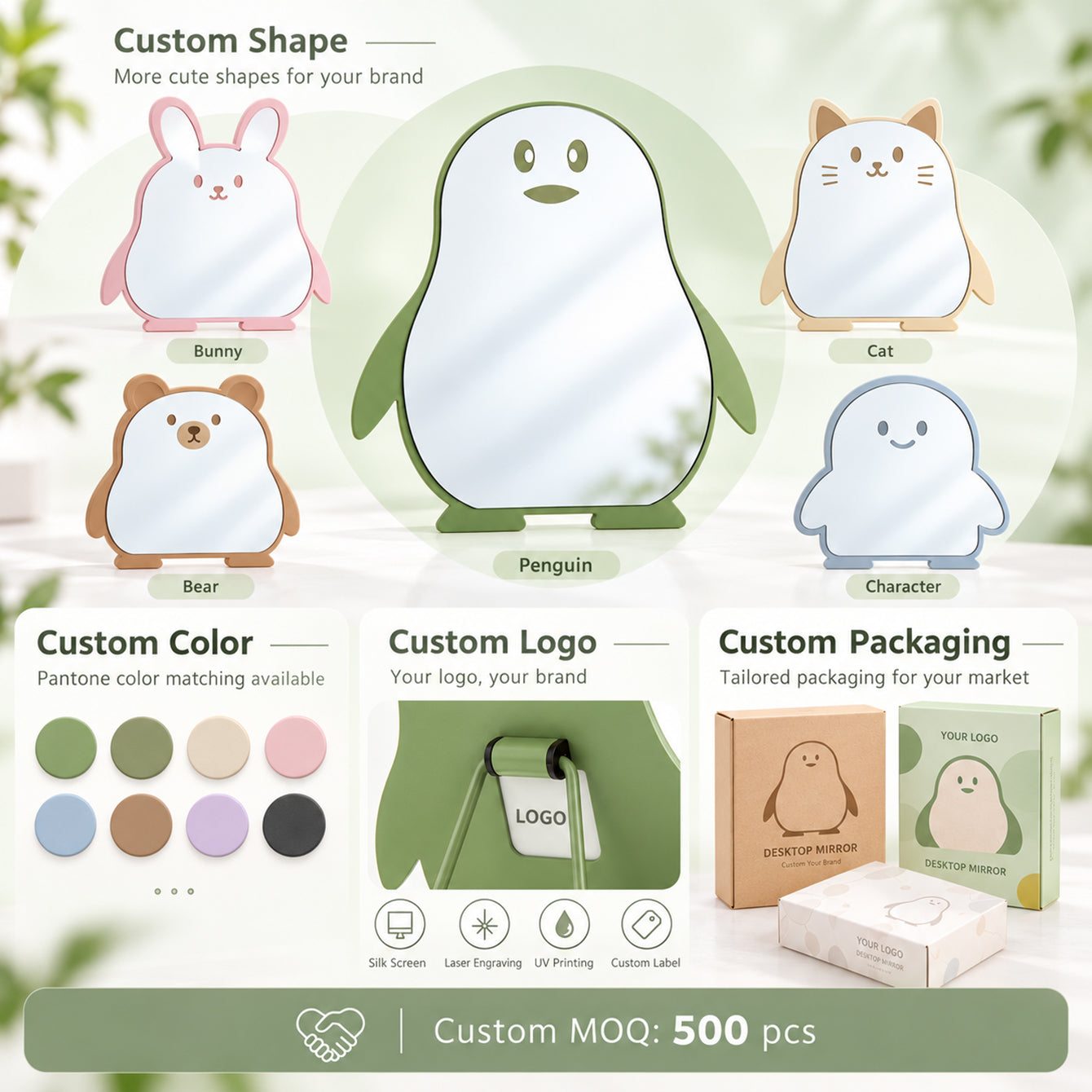 Custom animal and character tabletop mirror OEM options MOQ 500