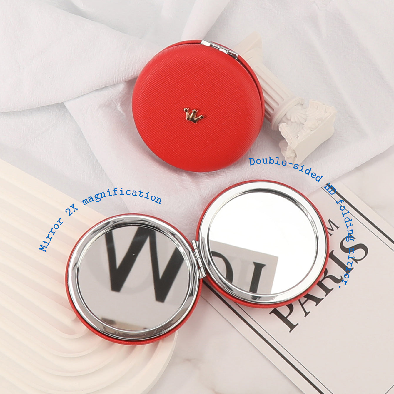 1PC Round Environment-friendly Leather  Folding Double Side Compact Mirror 2X Magnification Beautiful Metal Crown Decoration Can Be Used As A Gift For Mom Sister Or Friend Suitable As A Gift For Various Festivals And Also Suitable For Various Occasions
