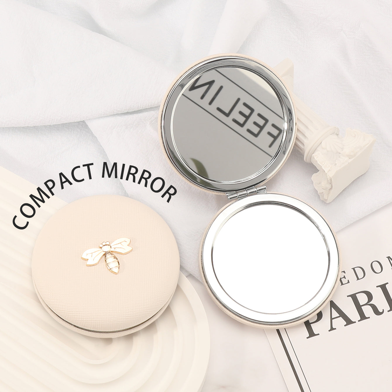 1PC Round Environment-friendly Leather  Folding Double Side Compact Mirror 2X Magnification Beautiful Metal Bee Decoration Can Be Used As A Gift For Mom Sister Or Friend Suitable As A Gift For Various Festivals And Also Suitable For Various Occasions