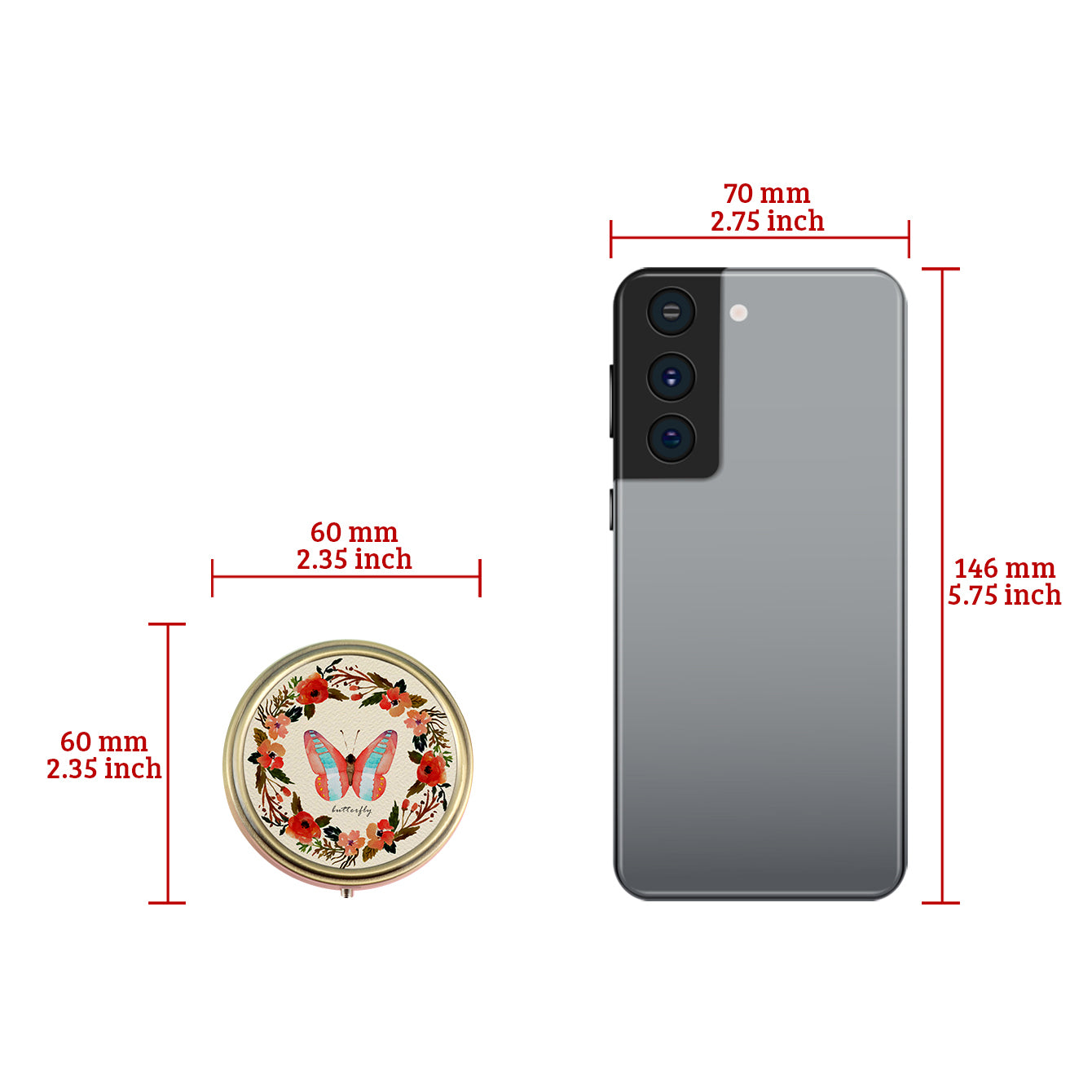 1PC Round Pill Box With Compact Mirror Epoxy Butterfly Pattern Bronze Pill Box Advanced And Beautiful Can Be Used As A Gift Suitable For Going Out  Easy To Carry Various Functions Suitable For Use At Home Or For Traveling