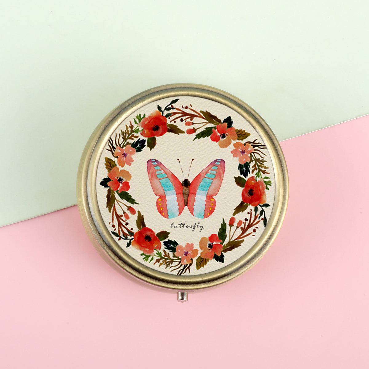 intage Style Pill Organizer, 60mm Round, Antique Green Bronze Plating, Retro Butterfly Pattern, Epoxy Printing Craft, Convenient Button Closure