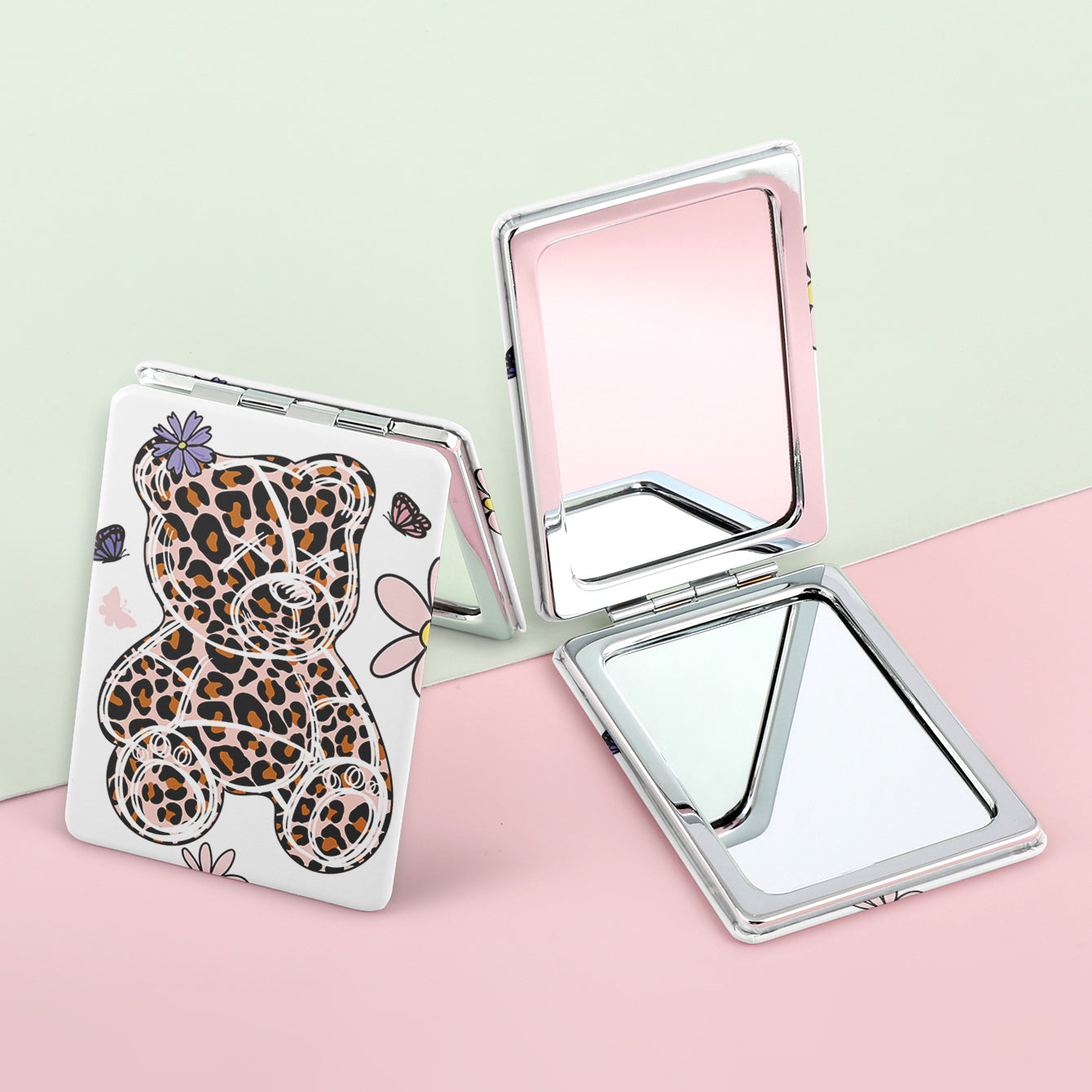 1PC PU Leather Makeup Mirror Folding Rectangle Double Side Compact Mirror 2X Magnification Beautiful And Lovely Pattern Suitable As Gift For Sister And Mother Or Lover Suitable For Various Festivals And Also Suitable For All Occasions