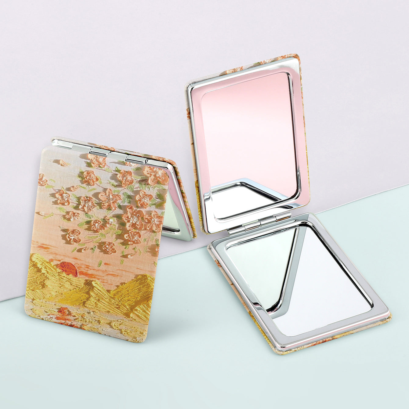 1PC PU Leather Makeup Mirror Folding Rectangle Double Side Compact Mirror 2X Magnification Beautiful And Lovely Pattern Suitable As Gift For Sister And Mother Or Lover Suitable For Various Festivals And Also Suitable For All Occasions