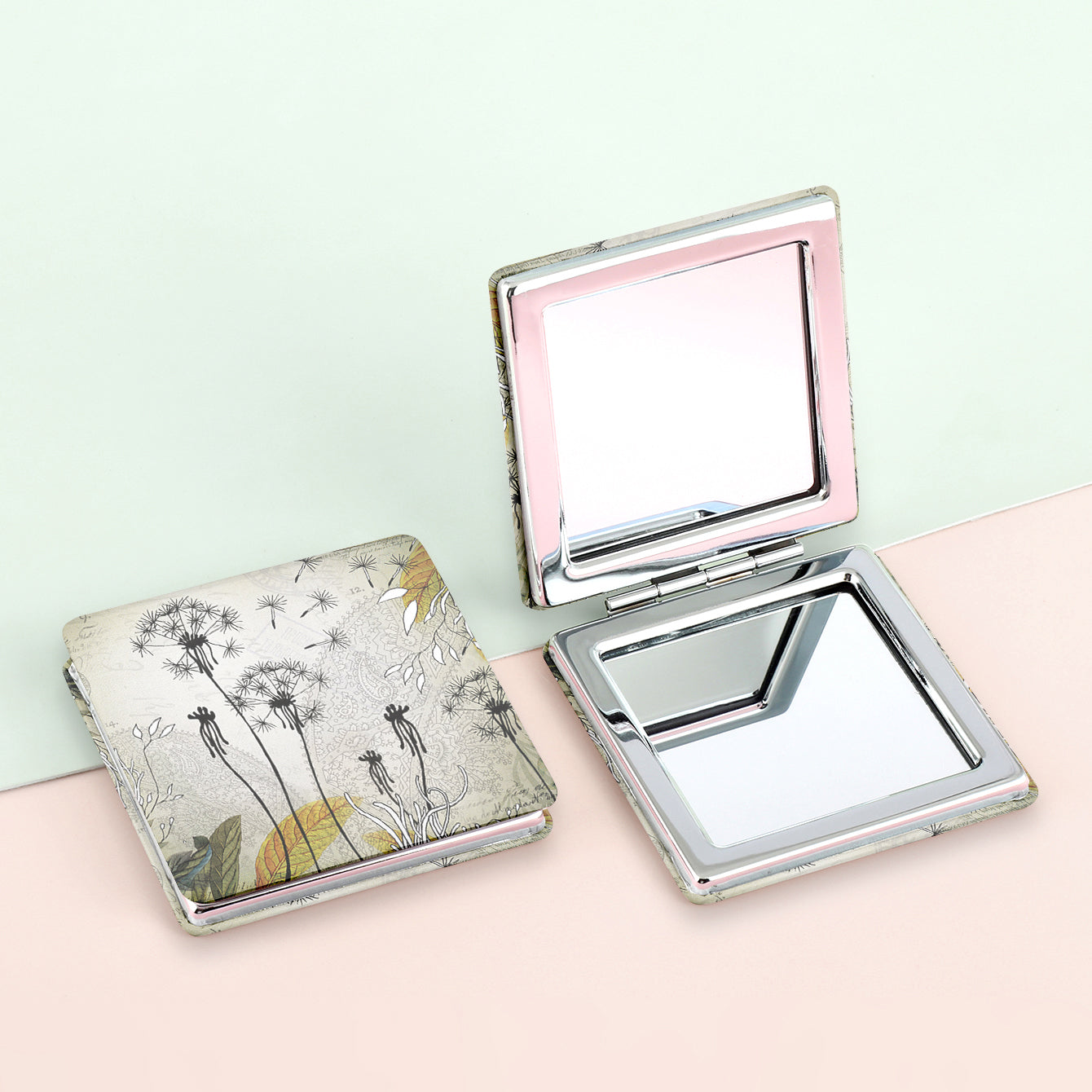 1PC PU Leather Makeup Mirror Square Folding Double-sided Cosmetic Mirror  2X Magnification Beautiful Lovely Prints Are Suitable For Girls As Gifts For Various Festivals And Also Suitable For Various Occasions At Home Outside And Other Occasions