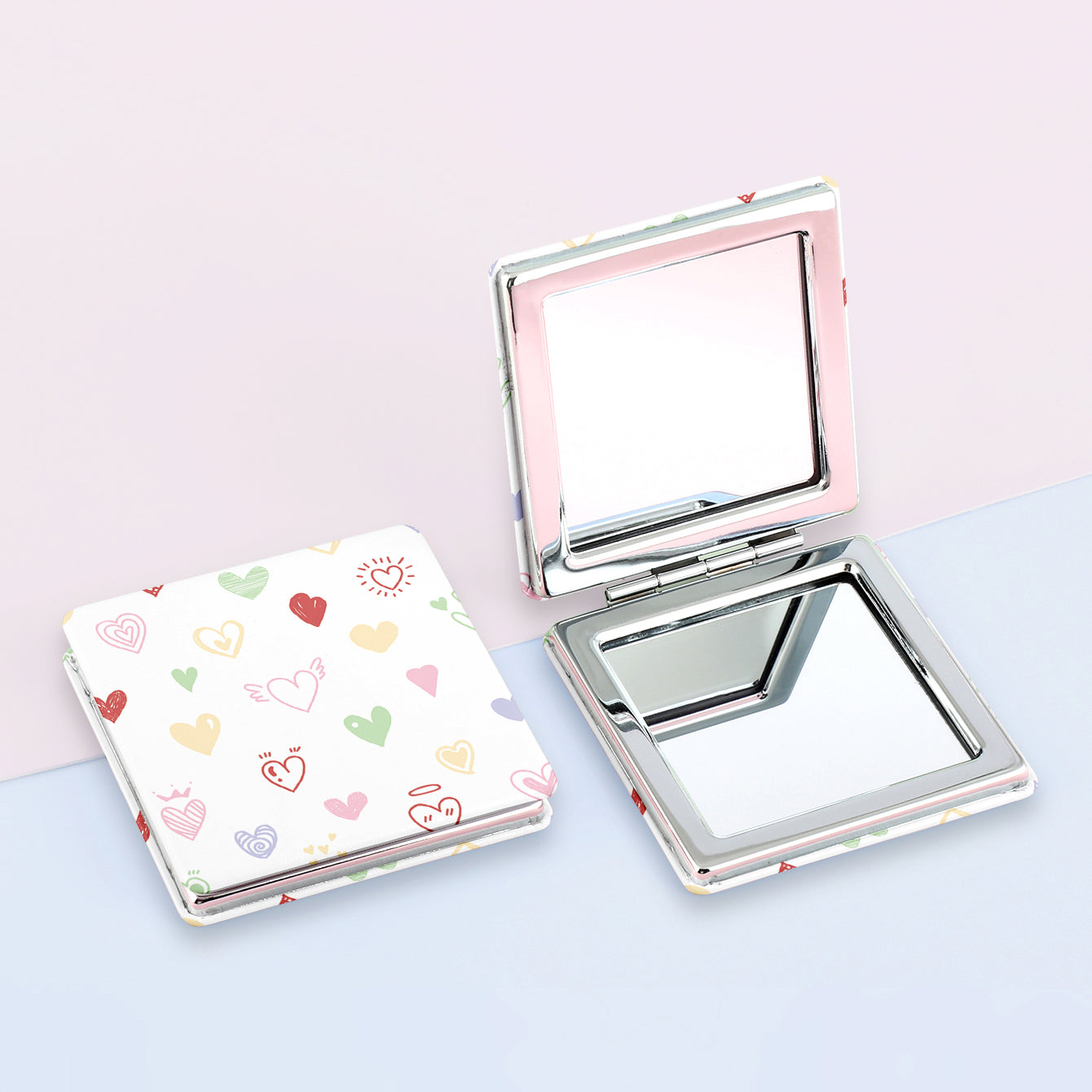 1PC PU Leather Makeup Mirror Square Folding Double-sided Cosmetic Mirror  2X Magnification Beautiful Lovely Prints Are Suitable For Girls As Gifts For Various Festivals And Also Suitable For Various Occasions At Home Outside And Other Occasions