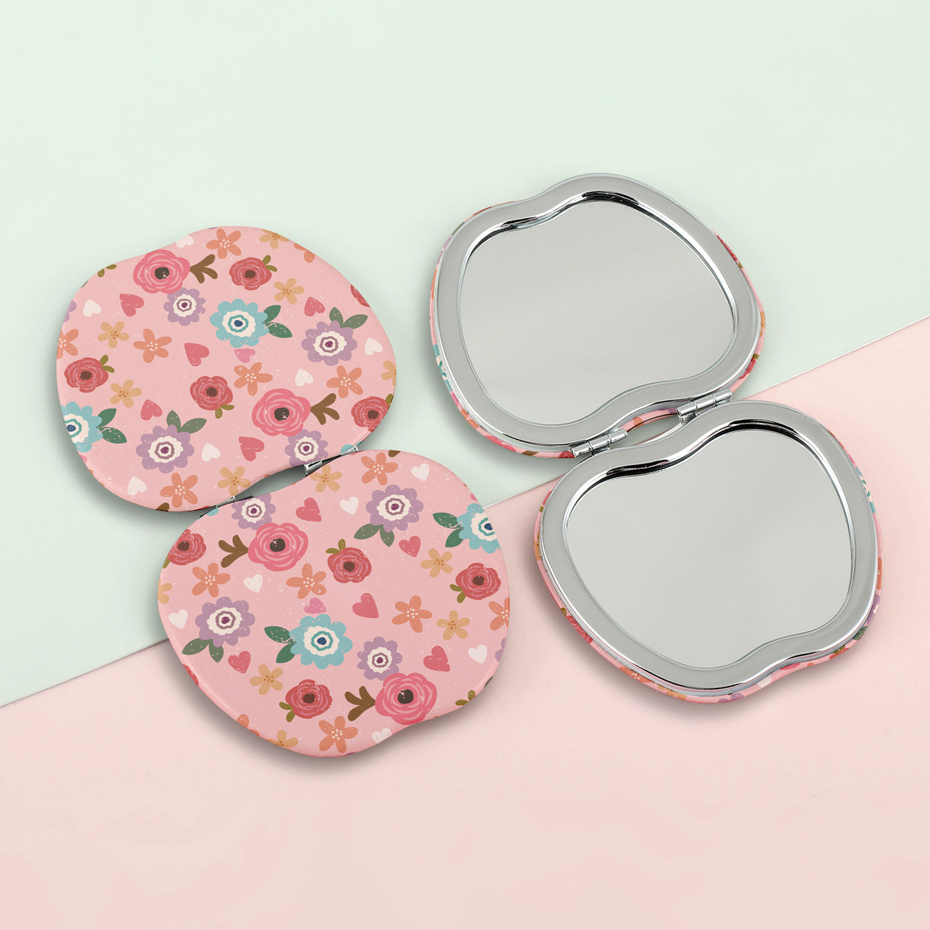1 PC Apple-Shaped Printed PU Leather Makeup Mirror And Portable Design Dual-Sided 2X Magnification Compact Mirror For Makeup Perfect Gift For Mother Sister Girlfriend Suitable For Home Office Travel And More