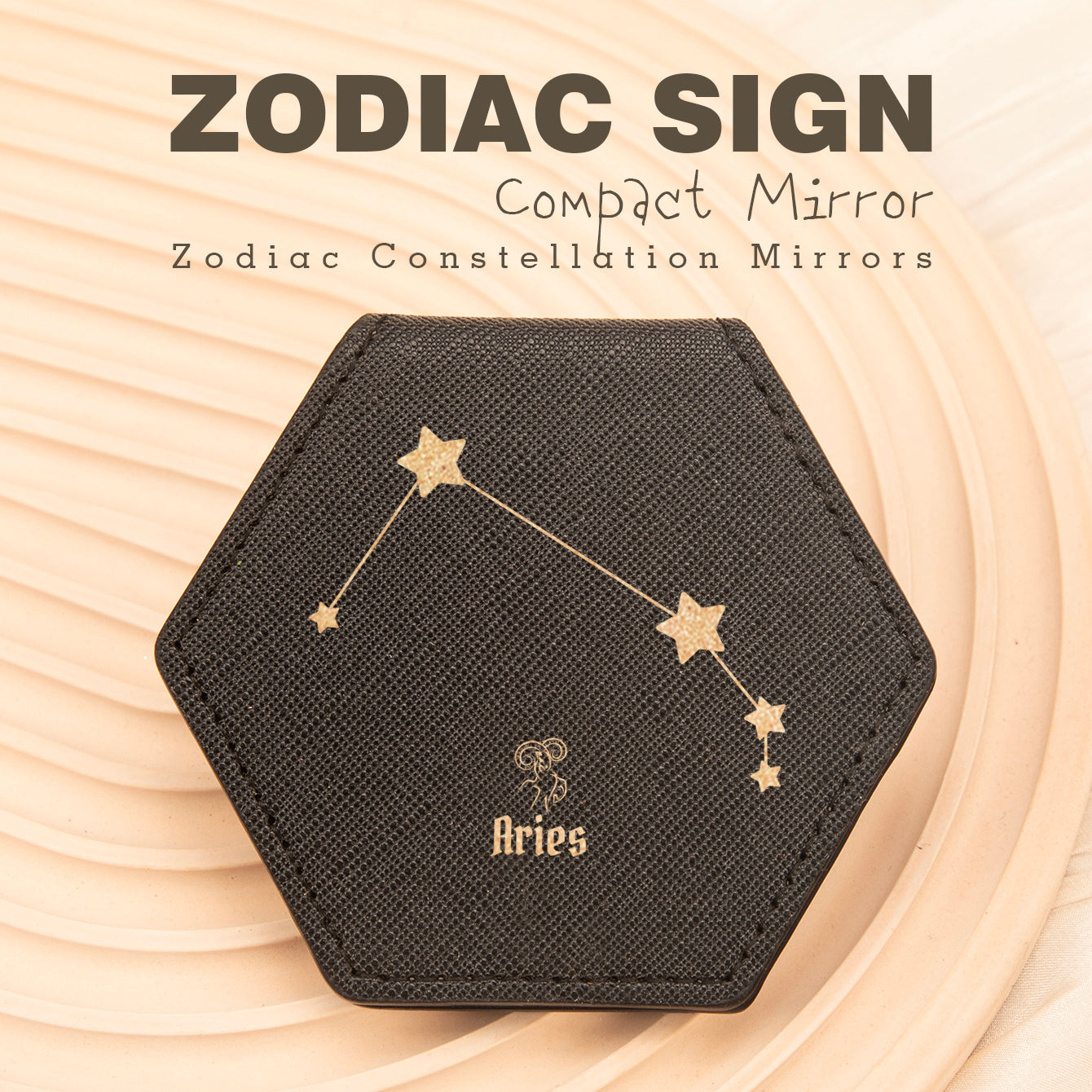 1 PC Hexagon Single-Sided Makeup Mirror Zodiac Series Premium Leather Shell Durable Stainless Steel Frame Unique Astrology Design Ideal For Personal Use Perfect Gift For Friends Or Family Compact And Portable For Home Office Or Travel