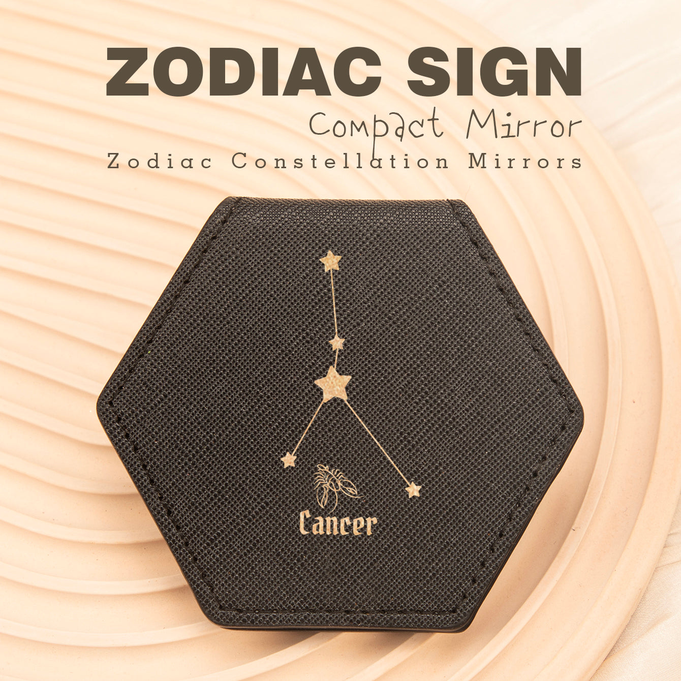 1 PC Hexagon Single-Sided Makeup Mirror Zodiac Series Premium Leather Shell Durable Stainless Steel Frame Unique Astrology Design Ideal For Personal Use Perfect Gift For Friends Or Family Compact And Portable For Home Office Or Travel