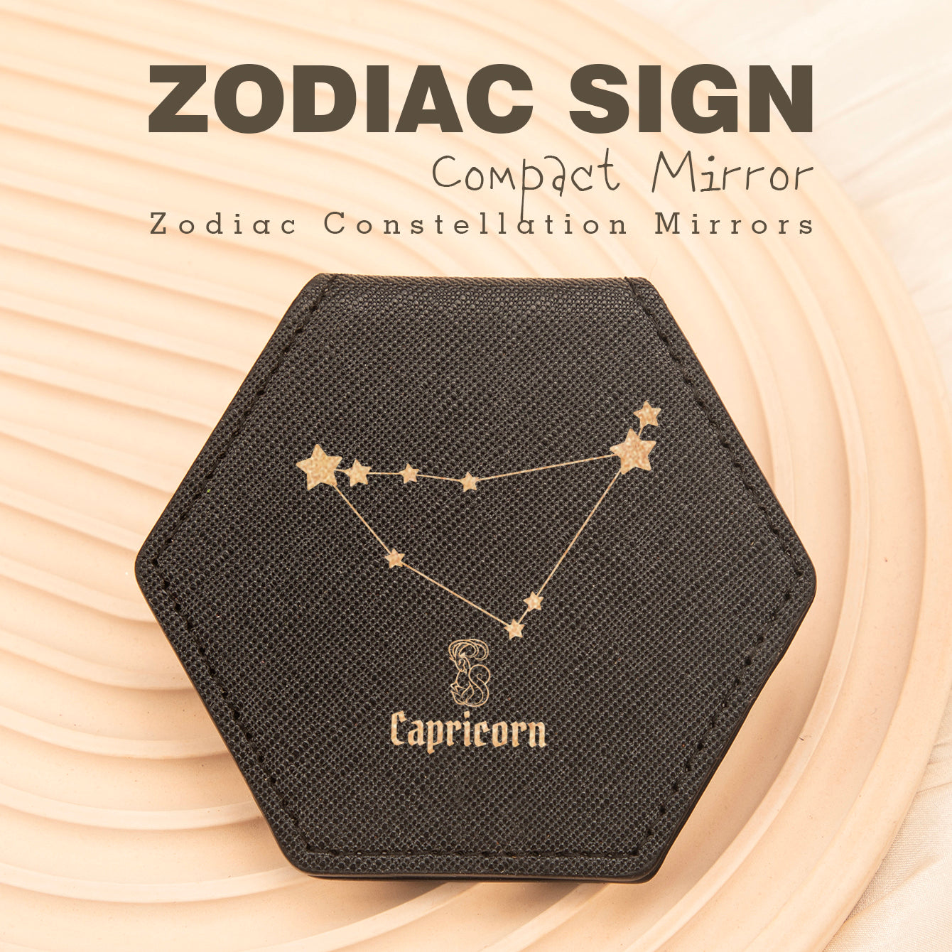 1 PC Hexagon Single-Sided Makeup Mirror Zodiac Series Premium Leather Shell Durable Stainless Steel Frame Unique Astrology Design Ideal For Personal Use Perfect Gift For Friends Or Family Compact And Portable For Home Office Or Travel