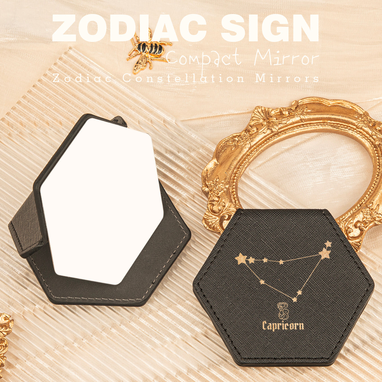 1 PC Hexagon Single-Sided Makeup Mirror Zodiac Series Premium Leather Shell Durable Stainless Steel Frame Unique Astrology Design Ideal For Personal Use Perfect Gift For Friends Or Family Compact And Portable For Home Office Or Travel