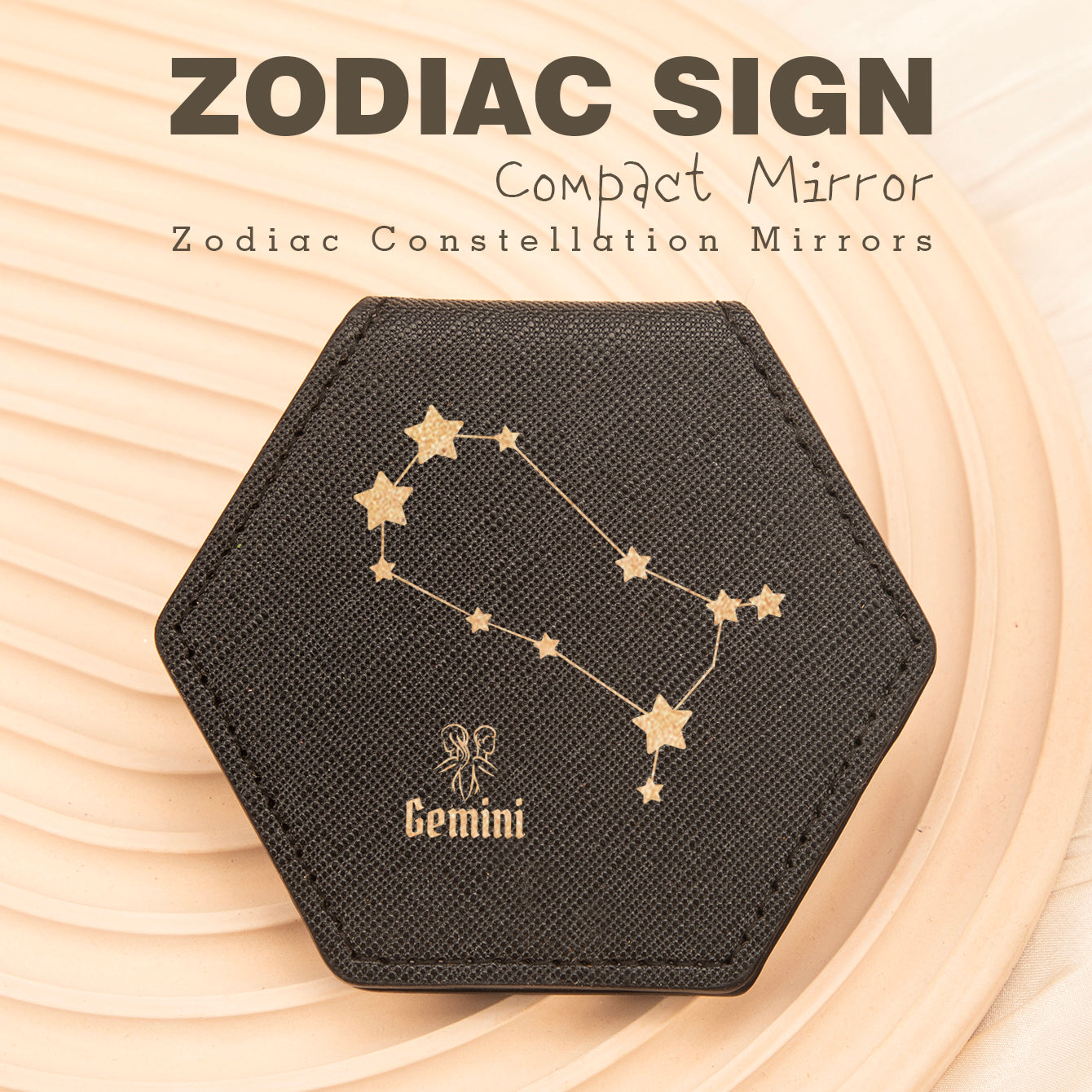 1 PC Hexagon Single-Sided Makeup Mirror Zodiac Series Premium Leather Shell Durable Stainless Steel Frame Unique Astrology Design Ideal For Personal Use Perfect Gift For Friends Or Family Compact And Portable For Home Office Or Travel