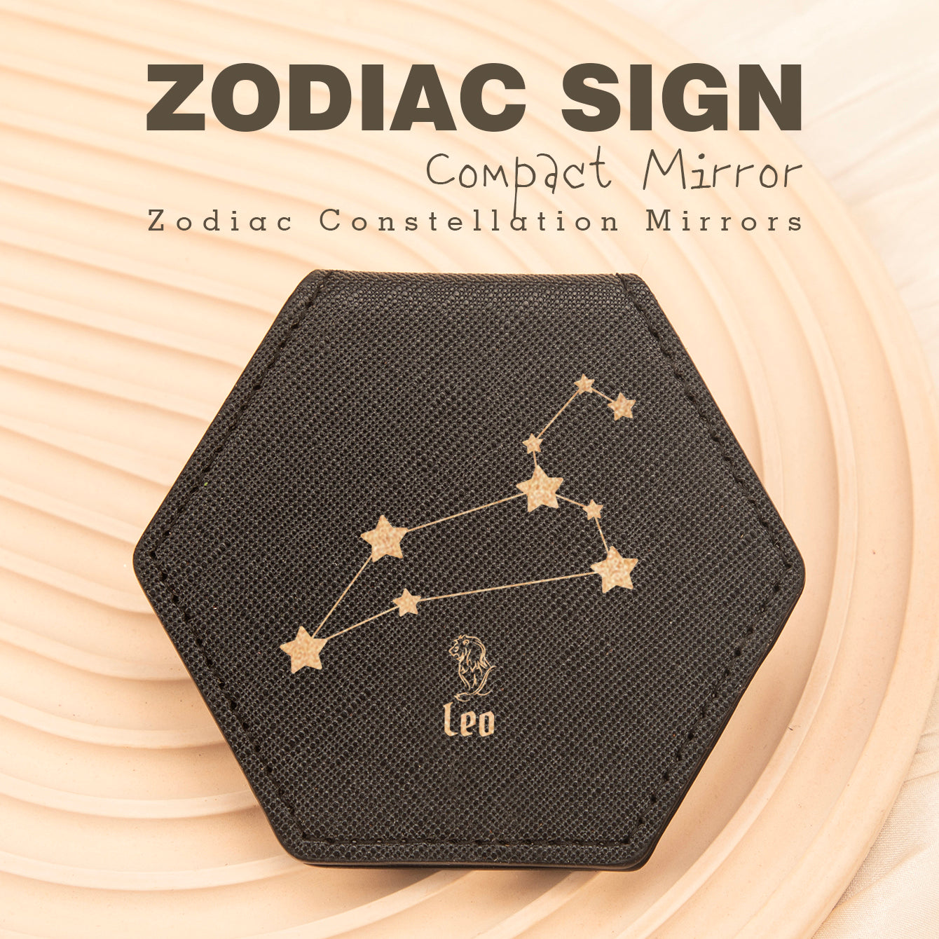 1 PC Hexagon Single-Sided Makeup Mirror Zodiac Series Premium Leather Shell Durable Stainless Steel Frame Unique Astrology Design Ideal For Personal Use Perfect Gift For Friends Or Family Compact And Portable For Home Office Or Travel