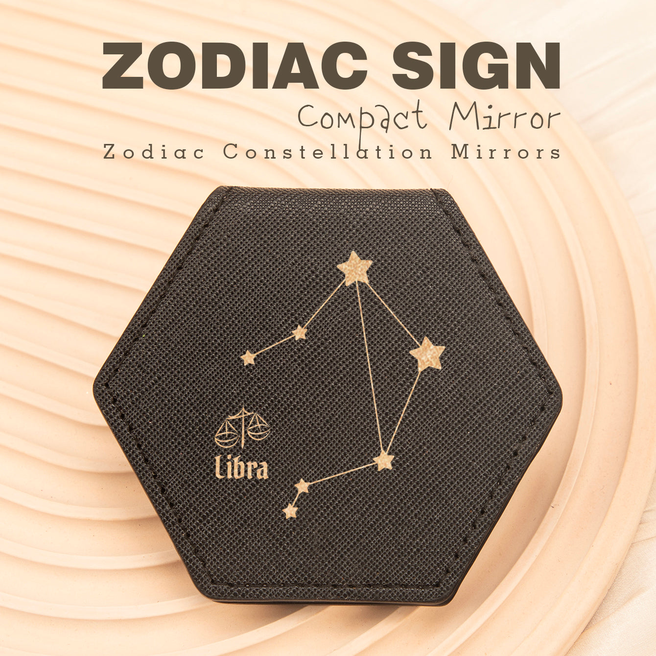 1 PC Hexagon Single-Sided Makeup Mirror Zodiac Series Premium Leather Shell Durable Stainless Steel Frame Unique Astrology Design Ideal For Personal Use Perfect Gift For Friends Or Family Compact And Portable For Home Office Or Travel