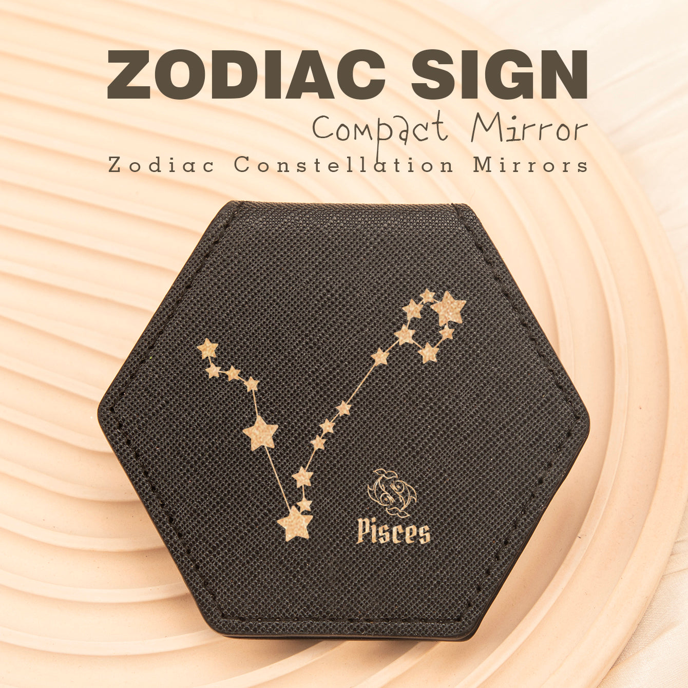 1 PC Hexagon Single-Sided Makeup Mirror Zodiac Series Premium Leather Shell Durable Stainless Steel Frame Unique Astrology Design Ideal For Personal Use Perfect Gift For Friends Or Family Compact And Portable For Home Office Or Travel