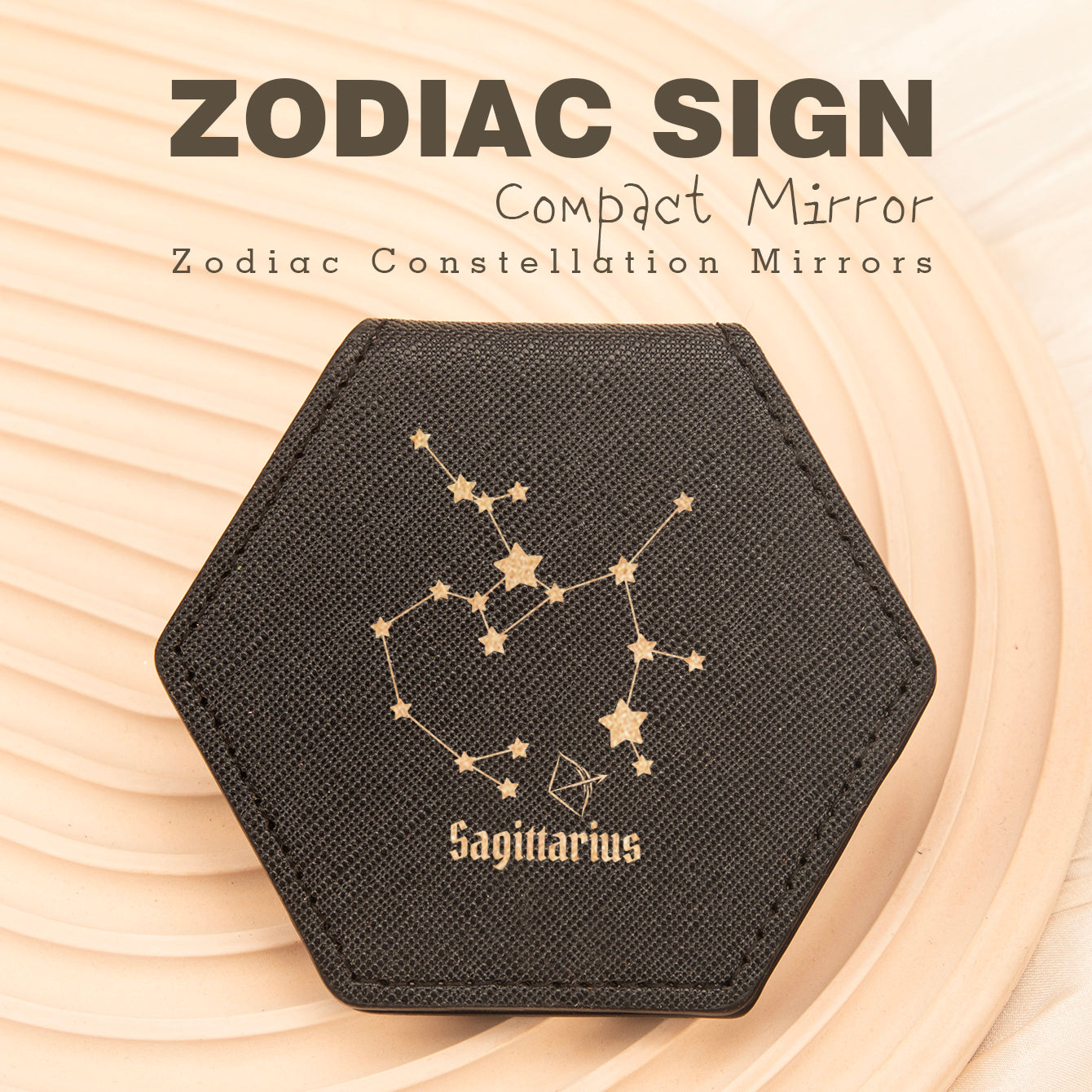 1 PC Hexagon Single-Sided Makeup Mirror Zodiac Series Premium Leather Shell Durable Stainless Steel Frame Unique Astrology Design Ideal For Personal Use Perfect Gift For Friends Or Family Compact And Portable For Home Office Or Travel