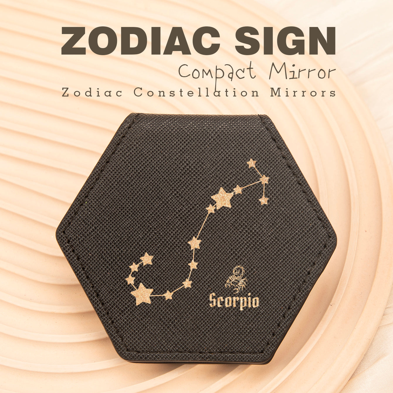 1 PC Hexagon Single-Sided Makeup Mirror Zodiac Series Premium Leather Shell Durable Stainless Steel Frame Unique Astrology Design Ideal For Personal Use Perfect Gift For Friends Or Family Compact And Portable For Home Office Or Travel