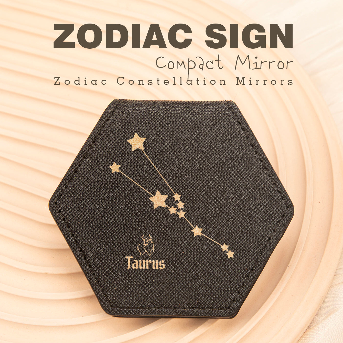 1 PC Hexagon Single-Sided Makeup Mirror Zodiac Series Premium Leather Shell Durable Stainless Steel Frame Unique Astrology Design Ideal For Personal Use Perfect Gift For Friends Or Family Compact And Portable For Home Office Or Travel