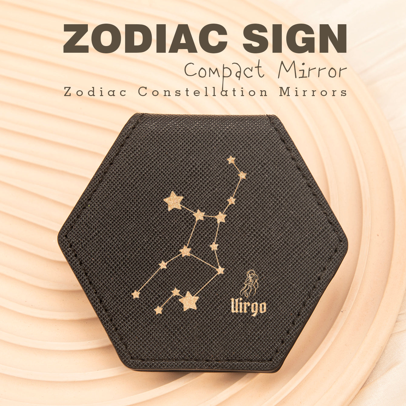 1 PC Hexagon Single-Sided Makeup Mirror Zodiac Series Premium Leather Shell Durable Stainless Steel Frame Unique Astrology Design Ideal For Personal Use Perfect Gift For Friends Or Family Compact And Portable For Home Office Or Travel