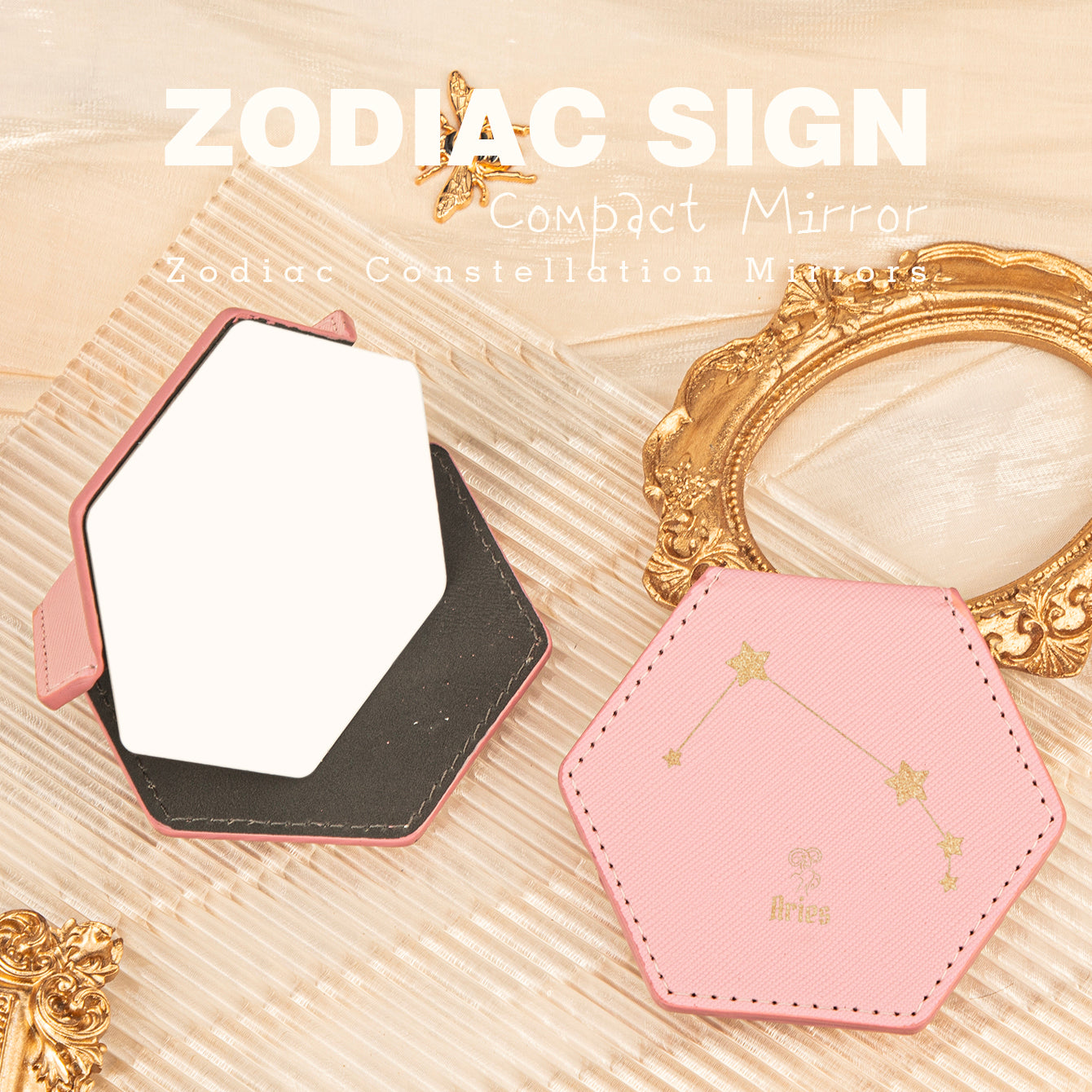 1 PC Hexagon Single-Sided Makeup Mirror Zodiac Series Premium Leather Shell Durable Stainless Steel Frame Unique Astrology Design Ideal For Personal Use Perfect Gift For Friends Or Family Compact And Portable For Home Office Or Travel