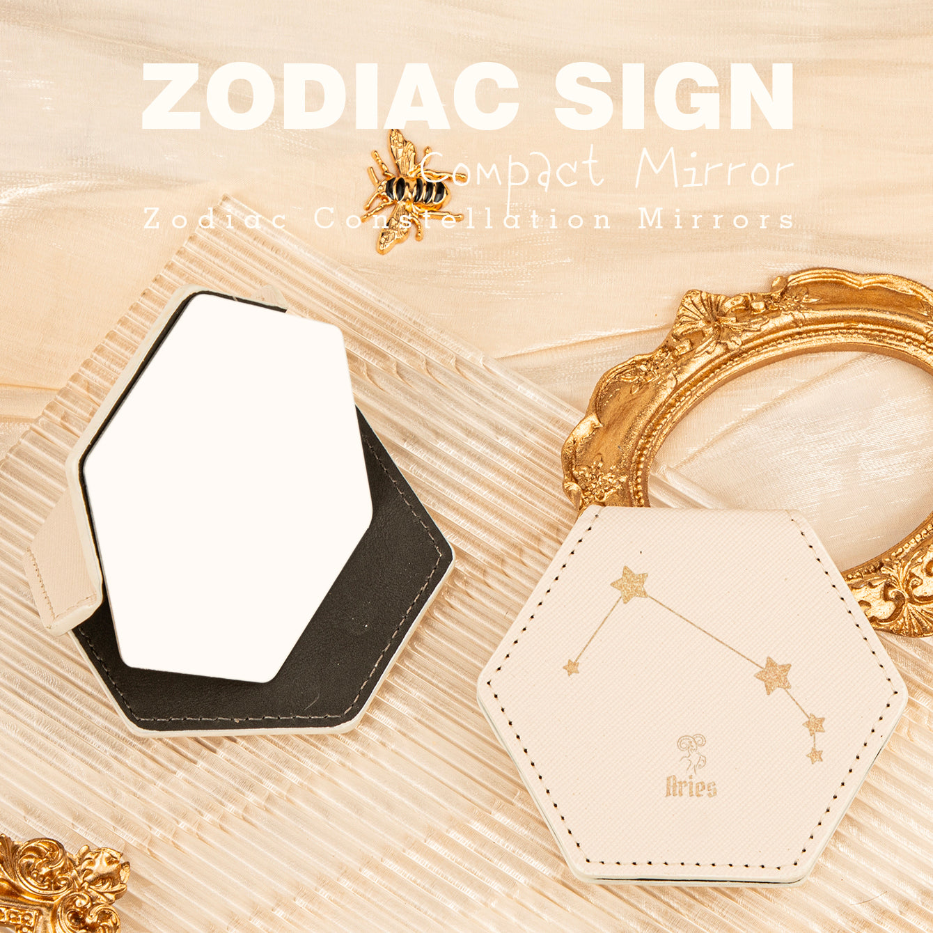 1 PC Hexagon Single-Sided Makeup Mirror Zodiac Series Premium Leather Shell Durable Stainless Steel Frame Unique Astrology Design Ideal For Personal Use Perfect Gift For Friends Or Family Compact And Portable For Home Office Or Travel