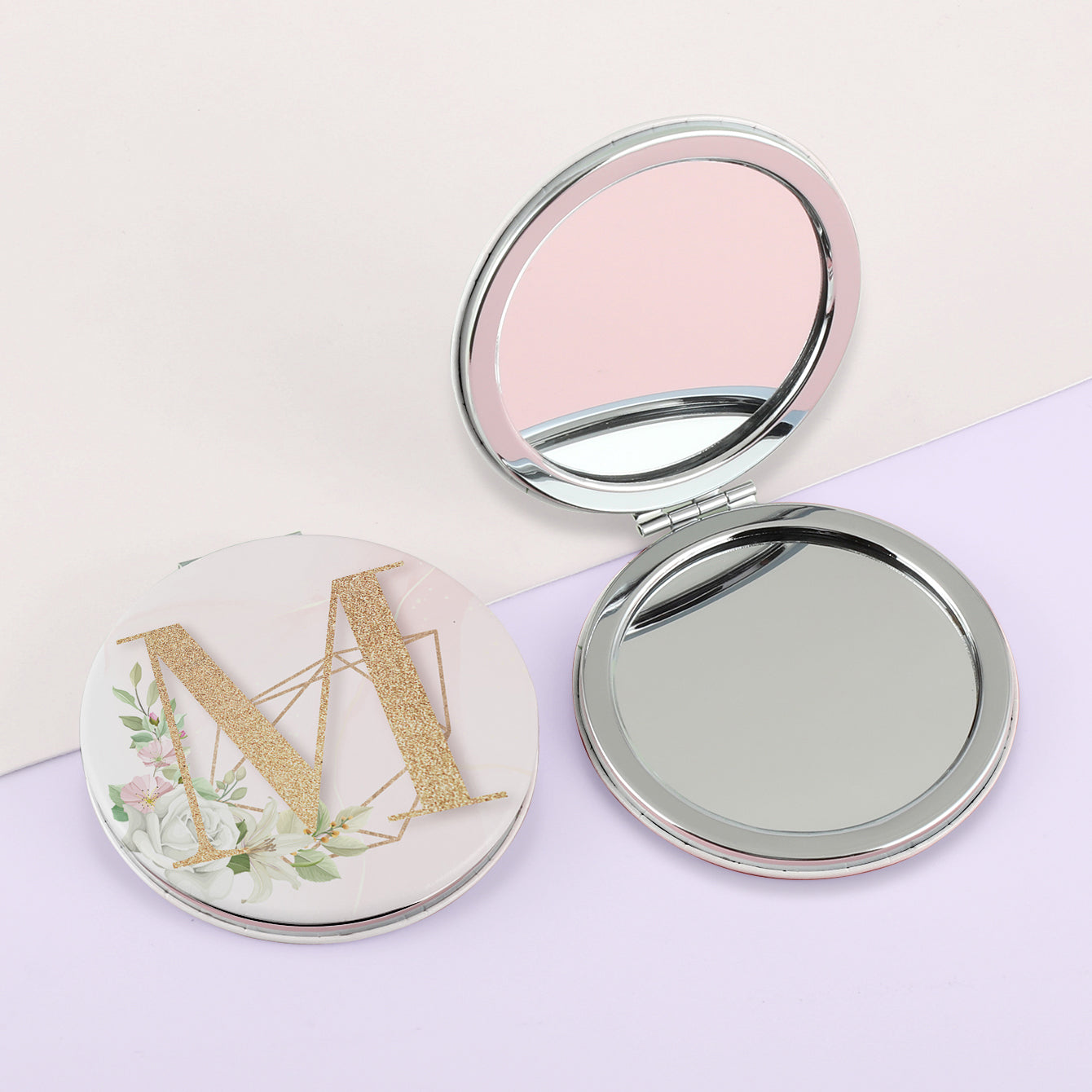1 PC 7cm Round Double-Sided Folding Makeup Mirror PU Leather With Letter Pattern 2X Magnification Compact Portable Design Perfect For Precision Makeup Ideal Gift For Mother Daughter Sister Girlfriend Suitable For Home Office Travel And More