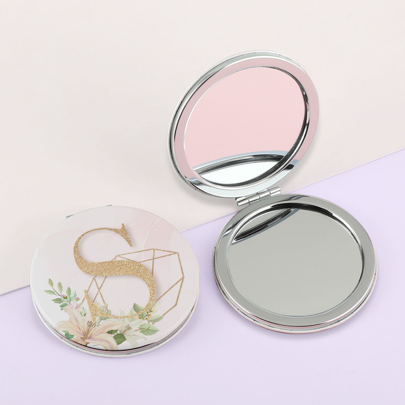 1 PC 7cm Round Double-Sided Folding Makeup Mirror PU Leather With Letter Pattern 2X Magnification Compact Portable Design Perfect For Precision Makeup Ideal Gift For Mother Daughter Sister Girlfriend Suitable For Home Office Travel And More