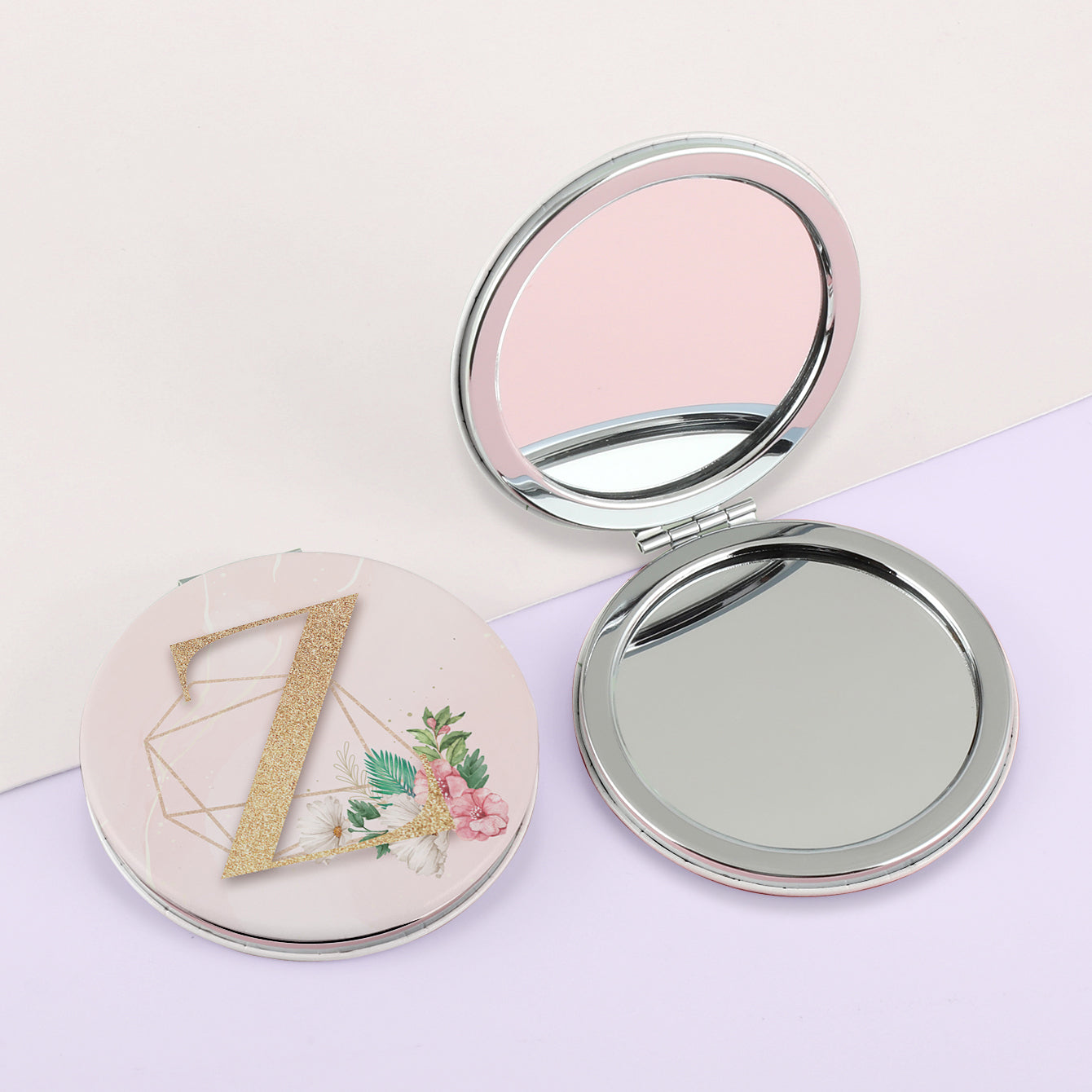 1 PC 7cm Round Double-Sided Folding Makeup Mirror PU Leather With Letter Pattern 2X Magnification Compact Portable Design Perfect For Precision Makeup Ideal Gift For Mother Daughter Sister Girlfriend Suitable For Home Office Travel And More