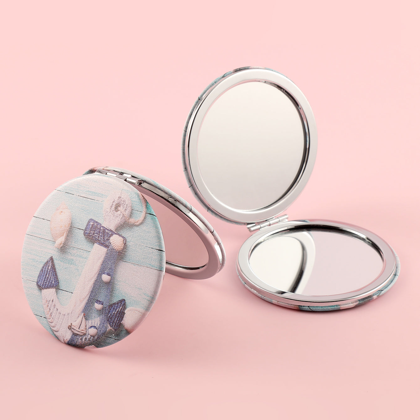 Customize Your Style, PU Leather Pattern Cosmetic Mirror, HD Glass, Plating Silver Frame, 70*70mm Round Design, Three-Color Patterns, Red, Blue and Black, Make Your Makeup More Exciting! #Personalized #EcoFriendlyFashion #SmallAndPortable
