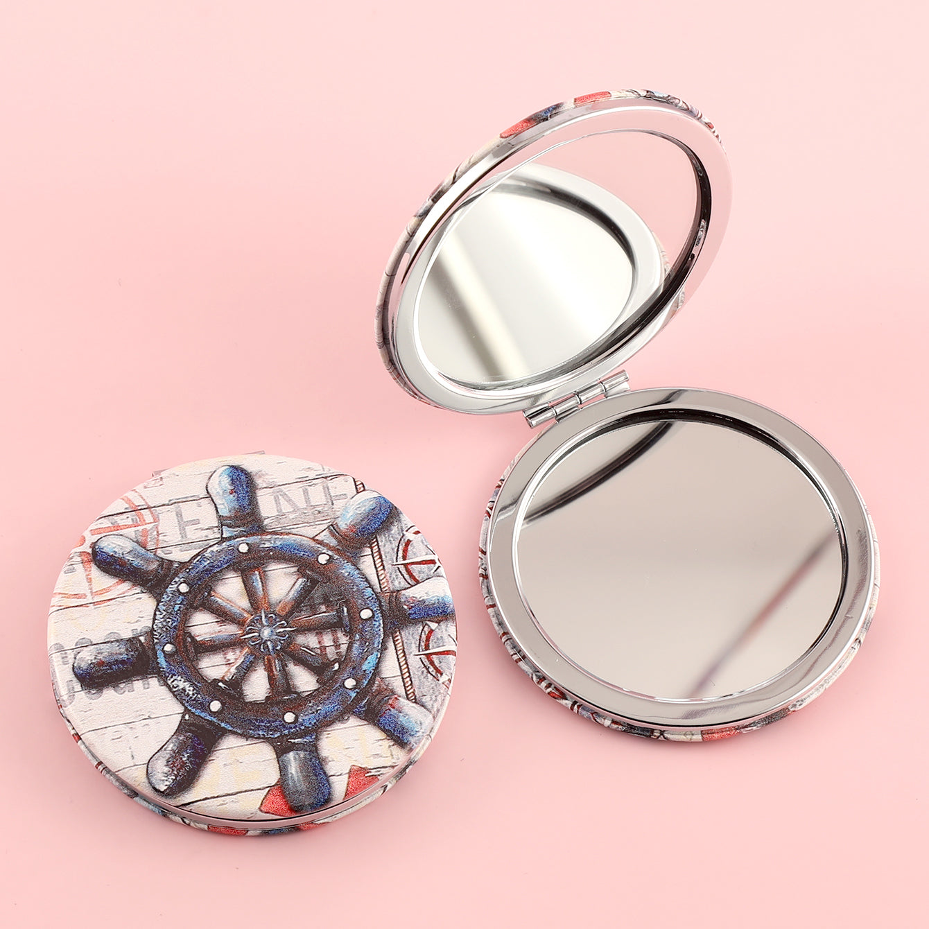Customize Your Style, PU Leather Pattern Cosmetic Mirror, HD Glass, Plating Silver Frame, 70*70mm Round Design, Three-Color Patterns, Red, Blue and Black, Make Your Makeup More Exciting! #Personalized #EcoFriendlyFashion #SmallAndPortable