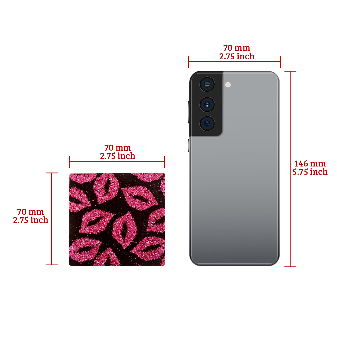 Showing Your Unique Charm, The PU Glitte Leather Makeup Mirror Is Embellished With Pink Lip Patterns, And The Plating Silver Metal Frame And 70*70mm Square Design Are Exquisite And Lightweight, Making It Beautiful Anytime And Anywhere
