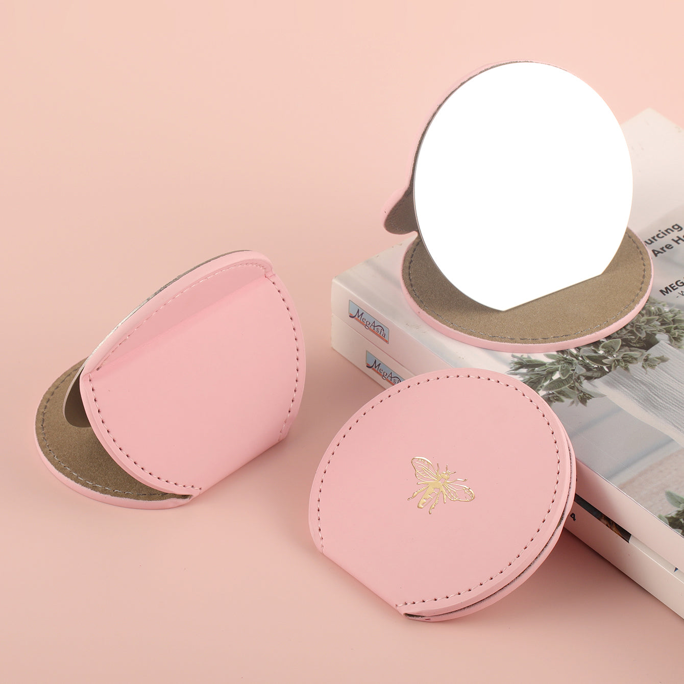 Little Bee Style PU Eco-Friendly Leather Cosmetic Mirror, Pink Color, Stainless Steel Glass Design, a Perfect Gift for Friends