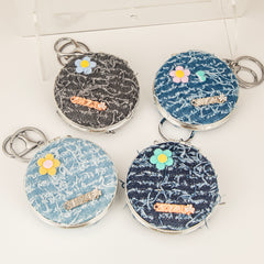 Denim Compact Mirror Keychain, Round Portable Makeup Mirror with Cute Flower Design, 95% High Clarity Folding Pocket Mirror for Women, Girls, Travel, Purse, Bag Charm(75*75mm)