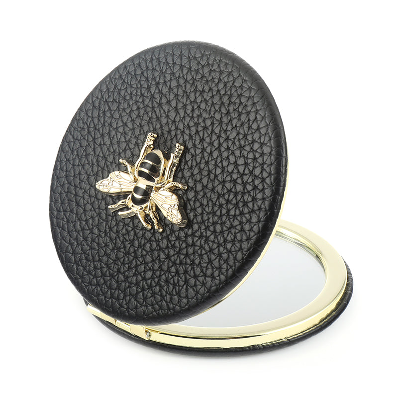 Leather Compact Mirror with Bee Design, Double-Sided Folding Makeup Mirror, Portable Pocket Mirror for Purse Travel, Gift for Women Girls