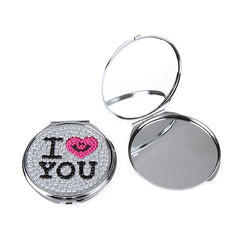 Silver Plated Rhinestone Compact Mirror Round Metal Folding Pocket Makeup Mirror Dual Sided Diamond I Love You Cosmetic Mirror