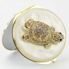Vintage Off-White Epoxy Resin Sea Turtle Compact Mirror - Luxury Round Gold Electroplated Metal Double-Sided Folding Pocket Vanity