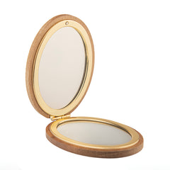 Oval Bamboo Compact Mirror, Gold Framed, 90×70mm Portable Folding Makeup Mirror, 95% High Clarity, Eco-Friendly Wooden Pocket Mirror for Women, Travel, Daily Use & Gift (66g)