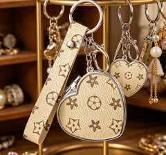 Heart-Shape Monogram Leather Compact Mirror Keychain, Portable Double-Sided Makeup Mirror with 95% High Reflectivity, Mini Pocket Mirror for Purse/Keys, Gift for Women & Girls