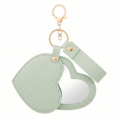 Litchi Grain PU Leather Heart-Shaped Compact Mirror Keychain - Multi-Color Cute HD Swivel Folding Double-Sided Travel Mirror