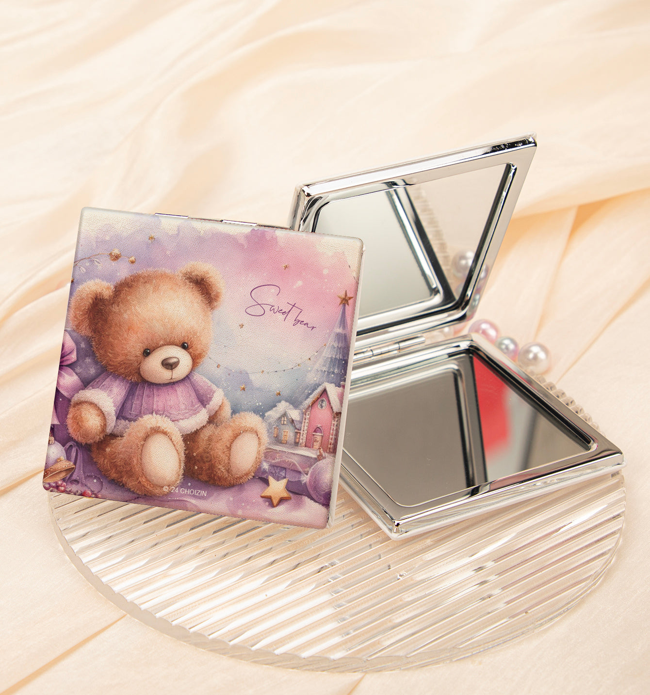 Cute teddy bear PU leather compact mirror, product view 7