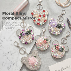 Bling Bear Compact Mirror with Rhinestones, Double-Sided Folding Makeup Mirror, Portable Keychain Mirror for Purse, Travel, Gift for Women Girls