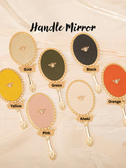 Vintage Folding Handheld and Tabletop Metal Makeup Mirror, Embossed Gold Frame with 3D Rhinestone Bee and PU Leather Back