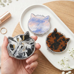 Acetate Cat Shape Compact Mirror - Cute Tortoiseshell & Marble Pattern Double-Sided Travel Mirror with Metal Frame - Premium Kitten Pocket Mirror with 95% HD Reflectivity for Purses, Bags & Cat Lovers 🐱✨