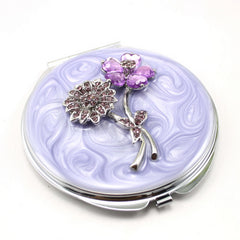 Vintage Purple Epoxy Resin Floral Compact Mirror - Luxury Round Silver Metal Double-Sided Folding Pocket Vanity Mirror with Rhinestone