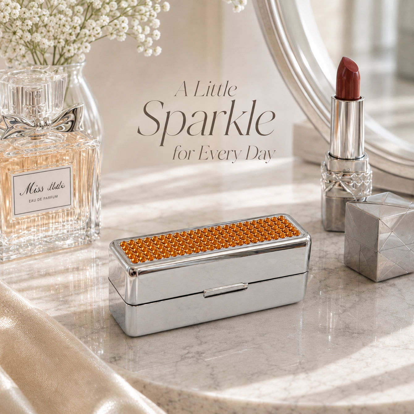 Amber rhinestone rectangular lipstick case with mirror and chrome-plated metal shell