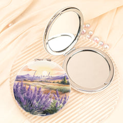 Lavender Field Compact Mirror Round PU Leather Folding Pocket Mirror Silver Metal Frame Dual Sided HD Glass Travel Vanity