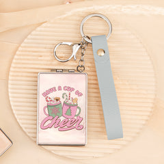 Christmas Keychain Compact Mirror Rectangle PU Leather Folding Pocket Mirror with Wristlet Strap Plastic Frame Cosmetic Mirror