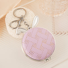 Cute Bunny Ears PU Leather Compact Mirror Keychain - Round Silver Metal Folding Double-Sided Pocket Vanity Mirror with Keychain Ring, Perforated Pattern & HD Glass for Purse, Travel, Girls & Gifts 🐰🪞🔑✨