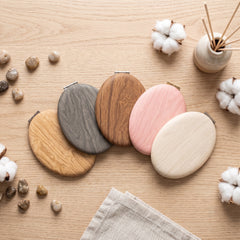Oval Wood Grain PU Leather Compact Mirror - Luxury Electroplated Metal Double-Sided Folding Pocket Vanity Mirror with Custom Logo Surface & HD Glass for Purse, Travel & Gifts