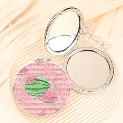 Pink Watermelon Compact Mirror Round PU Leather Folding Pocket Mirror Dual Sided Metal Cosmetic Mirror Summer Fruit Makeup