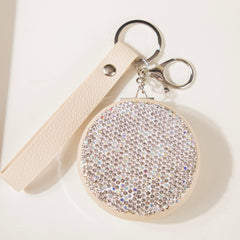 Sparkling Crystal Rhinestone Pocket Mirror Keychain PU Leather Strap Round Metal Cosmetic Mirror Bag Charm Vanity Mirror for Women